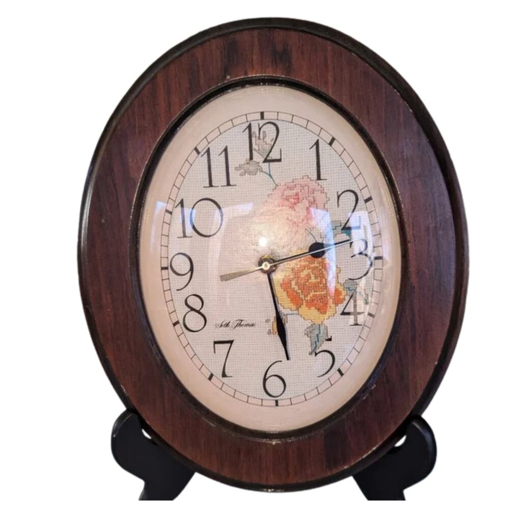 Seth Thomas Roses Clock - Vintage Oval Needlepoint Design Model 3590